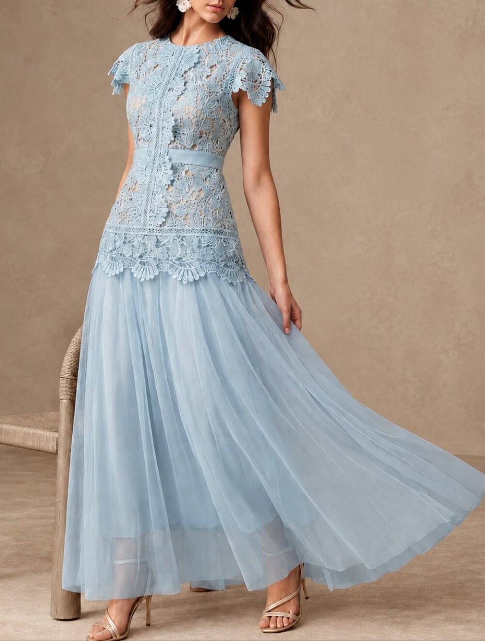 New Luxe Embroidered Lace Tulle Maxi Dress Scalloped Dropped Waist Light Blue